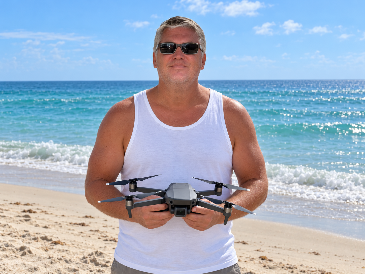 AI-created portrait of Brad wearing sunglasses and holding a stationary drone by the coast