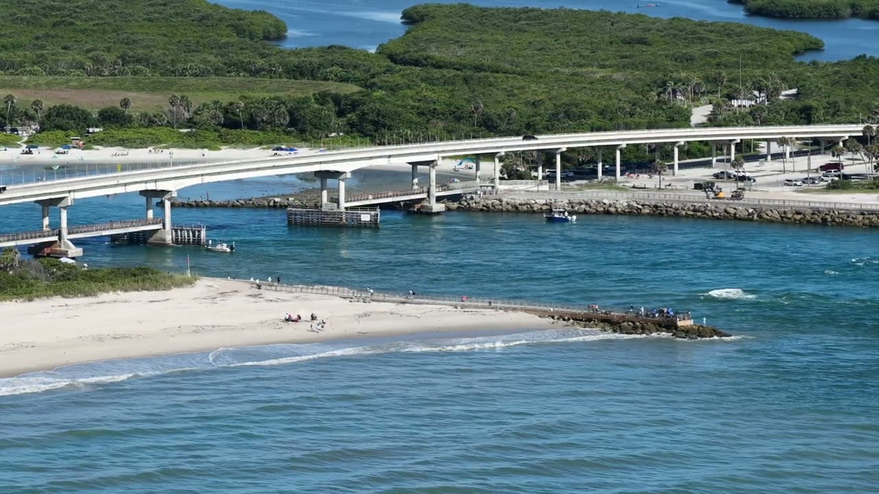 Inlet and coastal bridge in the first flight video artwork